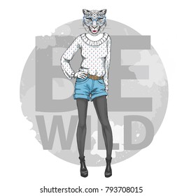 Retro Hipster fashion animal cheetah. Woman model