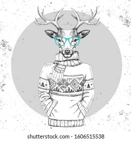 Retro Hipster fashion animal deer dressed up in pullover.
