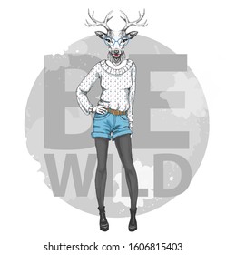 Retro Hipster fashion animal deer. Woman model