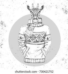 Retro Hipster fashion animal giraffe dressed up in pullover. Hipster animals