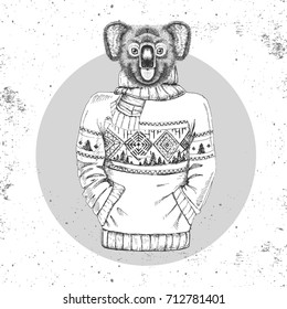 Retro Hipster fashion animal koala dressed up in pullover. Hipster animals
