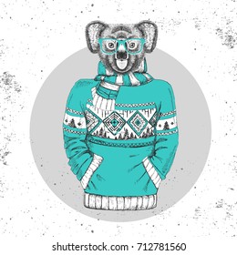 Retro Hipster fashion animal koala dressed up in pullover. Hipster animals
