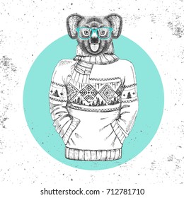 Retro Hipster fashion animal koala dressed up in pullover. Hipster animals