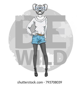 Retro Hipster fashion animal koala. Woman model