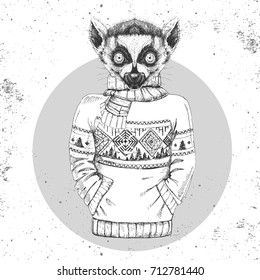 Retro Hipster fashion animal lemur dressed up in pullover. Hipster animals