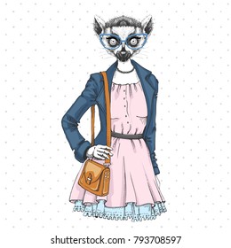 Retro Hipster fashion animal lemur. Woman model