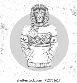 Retro Hipster fashion animal lion dressed up in pullover. Hipster animals