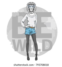 Retro Hipster fashion animal lion. Woman model