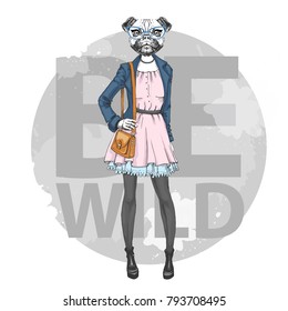 Retro Hipster fashion animal pug dog. Woman model