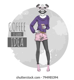 Retro Hipster fashion animal pug dog with coffee. Woman model