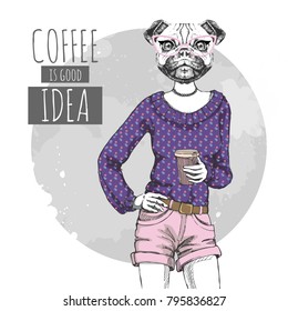 Retro Hipster fashion animal  pug dog with coffee. Woman model