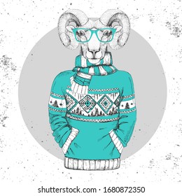 Retro Hipster fashion animal ram or mouflon dressed up in pullover.