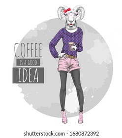 Retro Hipster fashion animal ram or mouflon with coffee. Woman model