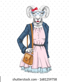 Retro Hipster fashion animal ram or mouflon. Woman model
