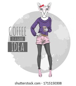 Retro Hipster fashion animal sphynx cat with coffee. Woman model