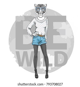 Retro Hipster fashion animal tiger. Woman model