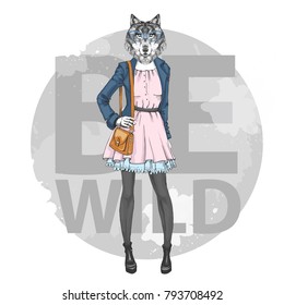 Retro Hipster Fashion Animal Wolf. Woman Model