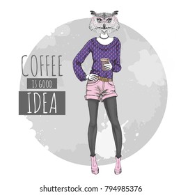 Retro Hipster fashion bird owl with coffee. Woman model