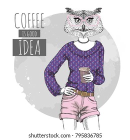 Retro Hipster fashion bird owl with coffee. Woman model