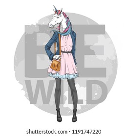 Retro Hipster Fashion Fantasy Animal Unicorn. Woman Model