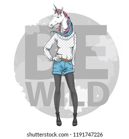 Retro Hipster Fashion Fantasy Animal Unicorn. Woman Model