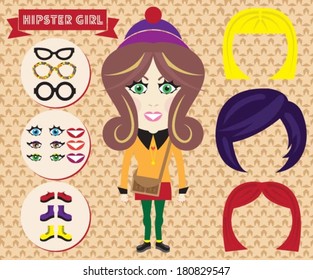 Retro Hipster Girl with changeable parts: new hair, different eyes and smiles, new glasses!