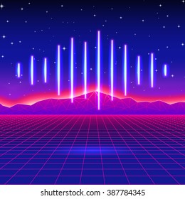 Retro hipster glowing neon wave of sound