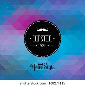 Retro Hipster label design. Triangle background, vector illustration. Square composition with geometric shapes, color flow effect. Hipster theme label. Mustache, bow tie, typography