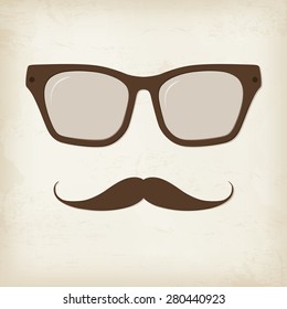 Retro hipster mustache and glasses. Vector card.