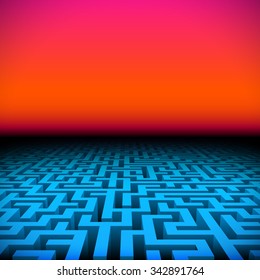 Retro  hipster neon landscape with blue labyrinth