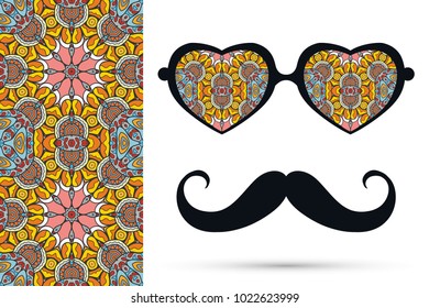 Retro hipster ornate sunglasses, mustaches with seamless hand drawn pattern. Isolated elements for textile fabric or paper print, invitation, business card design. Heart shape glasses, doodle eyewear