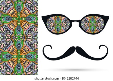 Retro hipster ornate sunglasses, mustaches with seamless hand drawn pattern. Isolated elements for textile fabric or paper print, invitation, business card design. Cat Eye style glasses doodle eyewear