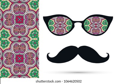 Retro hipster ornate sunglasses, mustaches with seamless hand drawn pattern. Isolated elements for textile fabric or paper print, invitation, business card design. Cat Eye style glasses doodle eyewear