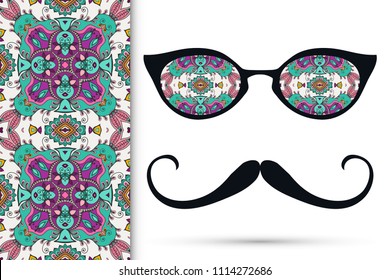 Retro hipster ornate sunglasses, mustaches with seamless hand drawn pattern. Isolated elements for textile fabric or paper print, invitation, business card design. Cat Eye style glasses doodle eyewear