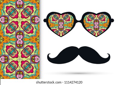 Retro hipster ornate sunglasses, mustaches with seamless hand drawn pattern. Isolated elements for textile fabric or paper print, invitation, business card design. Heart shape glasses, doodle eyewear