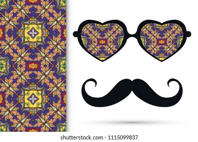 Retro hipster ornate sunglasses, mustaches with seamless hand drawn pattern. Isolated elements for textile fabric or paper print, invitation, business card design. Heart shape glasses, doodle eyewear