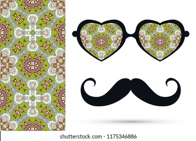 Retro hipster ornate sunglasses, mustaches with seamless hand drawn pattern. Isolated elements for textile fabric or paper print, invitation, business card design. Heart shape glasses, doodle eyewear