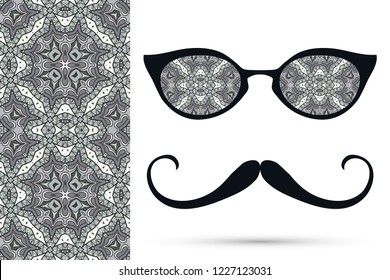 Retro hipster ornate sunglasses, mustaches with seamless hand drawn pattern. Isolated elements for textile fabric or paper print, invitation, business card design. Cat Eye style glasses doodle eyewear