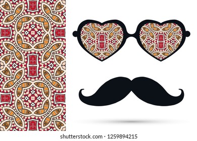 Retro hipster ornate sunglasses, mustaches with seamless hand drawn pattern. Isolated elements for textile fabric or paper print, invitation, business card design. Heart shape glasses, doodle eyewear
