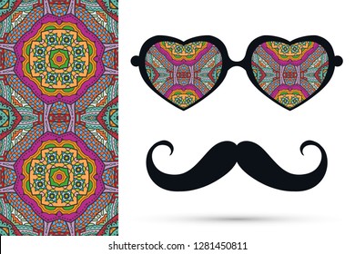 Retro hipster ornate sunglasses, mustaches with seamless hand drawn pattern. Isolated elements for textile fabric or paper print, invitation, business card design. Heart shape glasses, doodle eyewear