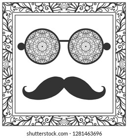 Retro hipster ornate sunglasses and mustaches with frame border. Isolated elements for textile fabric, paper print, invitation, business card design. Decorative glasses, doodle eyewear. Coloring page