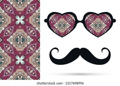 Retro hipster ornate sunglasses, mustaches with seamless hand drawn pattern. Isolated elements for textile fabric or paper print, invitation, business card design. Heart shape glasses, doodle eyewear