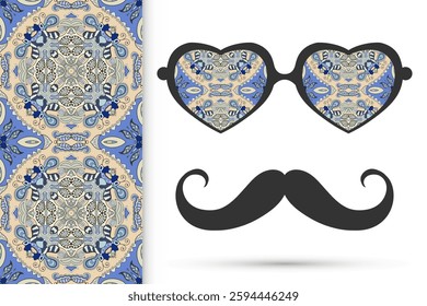 Retro hipster ornate sunglasses, mustaches with seamless hand drawn pattern. Isolated elements for textile fabric or paper print, invitation, business card design. Heart shape glasses, doodle eyewear