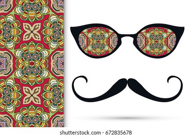 Retro hipster ornate sunglasses, mustaches with seamless hand drawn pattern. Isolated elements for textile fabric or paper print, invitation, business card design. Cat Eye style glasses doodle eyewear