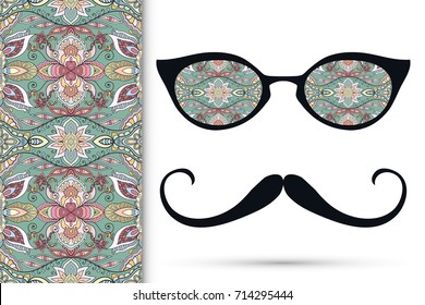 Retro hipster ornate sunglasses, mustaches with seamless hand drawn pattern. Isolated elements for textile fabric or paper print, invitation, business card design. Cat Eye style glasses doodle eyewear