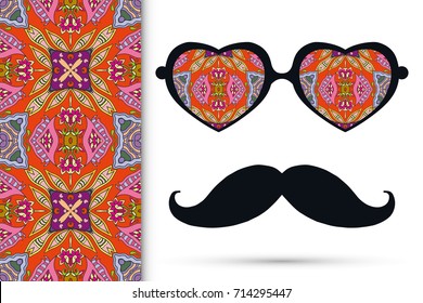 Retro hipster ornate sunglasses, mustaches with seamless hand drawn pattern. Isolated elements for textile fabric or paper print, invitation, business card design. Heart shape glasses, doodle eyewear