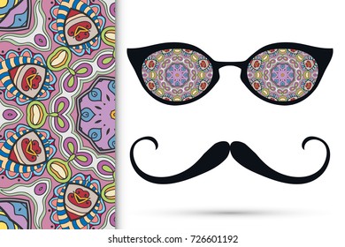 Retro hipster ornate sunglasses, mustaches with seamless hand drawn pattern. Isolated elements for textile fabric or paper print, invitation, business card design. Cat Eye style glasses doodle eyewear