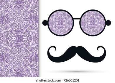 Retro hipster ornate sunglasses, mustaches with seamless hand drawn pattern. Isolated elements for textile fabric or paper print, invitation, business card design. Decorative glasses, doodle eyewear