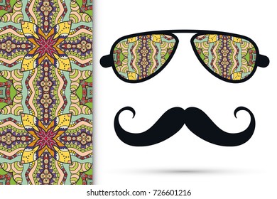 Retro hipster ornate sunglasses, mustaches with seamless hand drawn pattern. Isolated elements for textile fabric or paper print, invitation, business card design. Decorative glasses, doodle eyewear