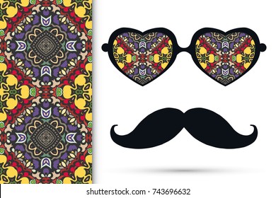 Retro hipster ornate sunglasses, mustaches with seamless hand drawn pattern. Isolated elements for textile fabric or paper print, invitation, business card design. Heart shape glasses, doodle eyewear